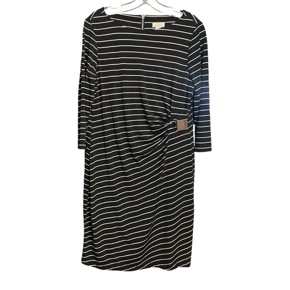 Chico's So Slimming Black White Striped Ruched Dress Size M Built in Shapewear - Picture 2 of 12